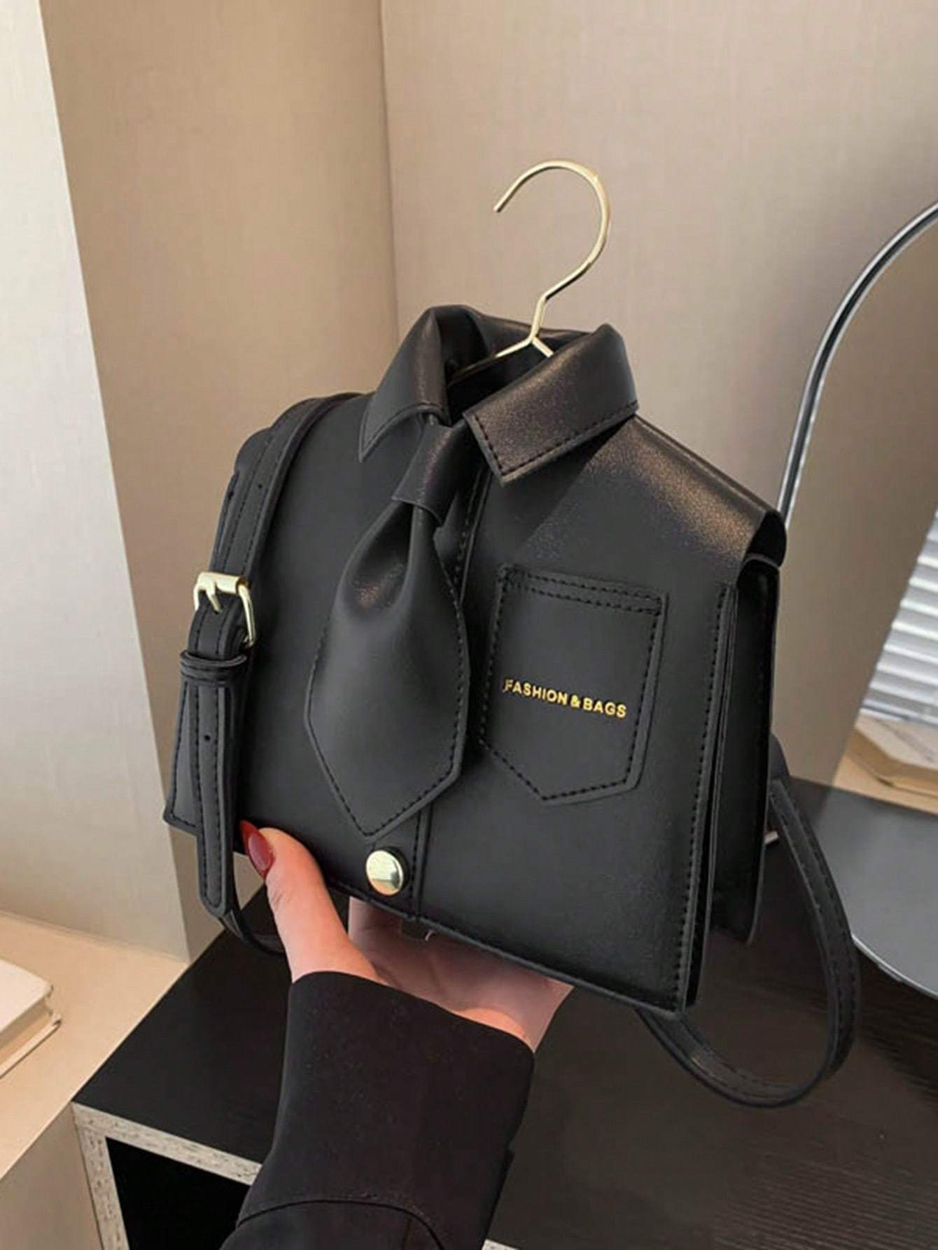 Quirky Shaped Collar Women Crossbody Bag, Fashion Black Flap Shoulder Bag, Phone Pouch, Interesting Gift